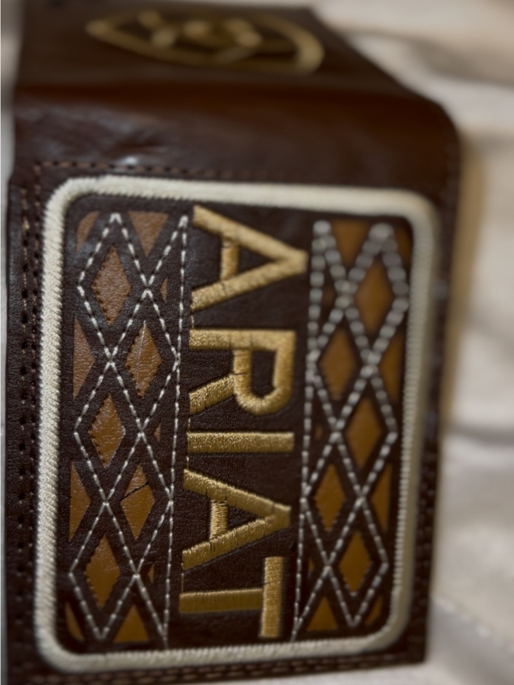 Ariat Dark Brown Leather Belt with Gold Embroidered Logo and Tan Accents